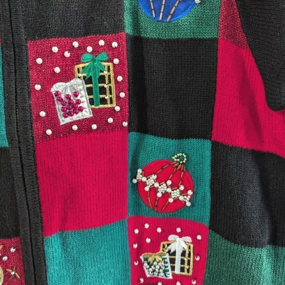 Victoria Jones Vintage 90s Ugly Christmas patchwork 3D beaded sweater cardigan L - Picture 4 of 7